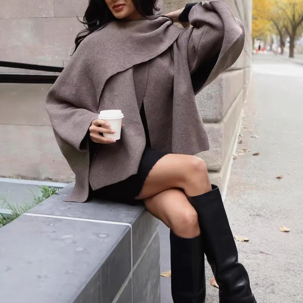 Lazy Style Scarf Cloak Short Knitted Sweater Coat Long Sleeve Crew Neck Women'S Winter Fashion Outerwear from Mainland China