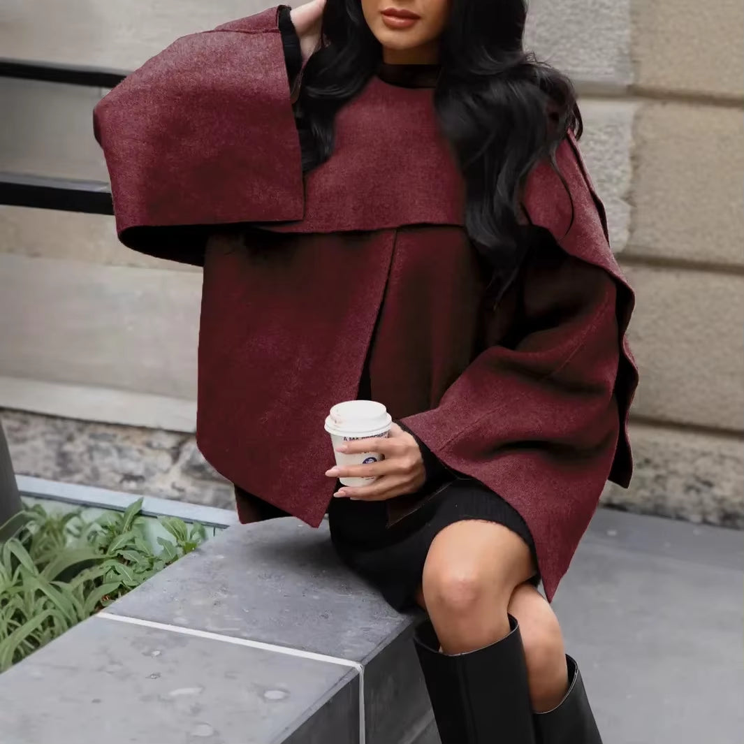 Lazy Style Scarf Cloak Short Knitted Sweater Coat Long Sleeve Crew Neck Women'S Winter Fashion Outerwear from Mainland China