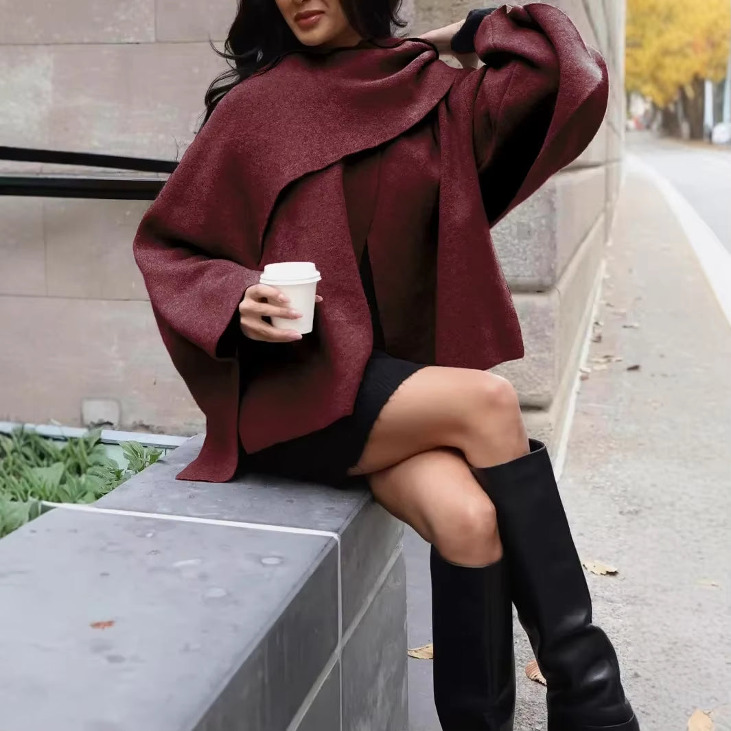 Lazy Style Scarf Cloak Short Knitted Sweater Coat Long Sleeve Crew Neck Women'S Winter Fashion Outerwear from Mainland China