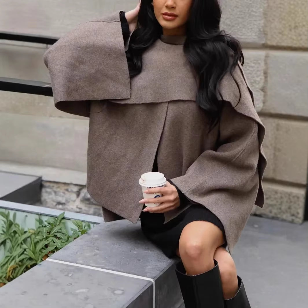Lazy Style Scarf Cloak Short Knitted Sweater Coat Long Sleeve Crew Neck Women'S Winter Fashion Outerwear from Mainland China