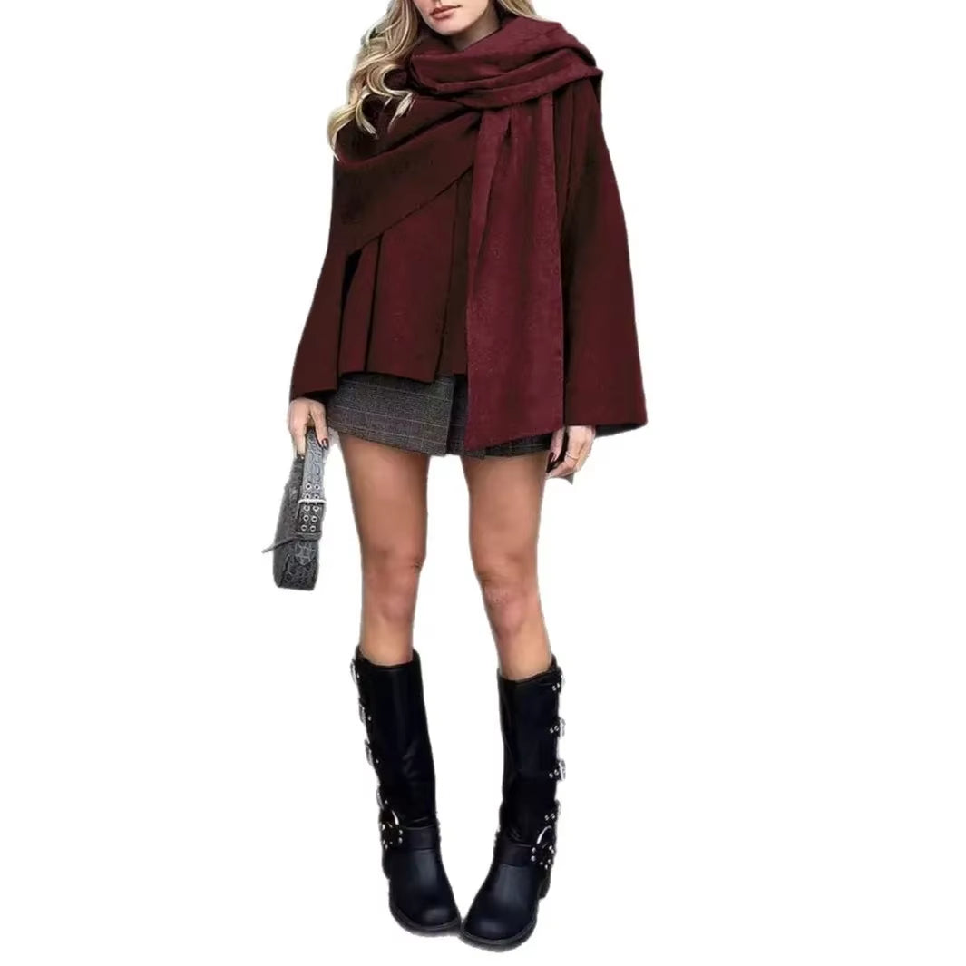 Lazy Style Scarf Cloak Short Knitted Sweater Coat Long Sleeve Crew Neck Women'S Winter Fashion Outerwear from Mainland China